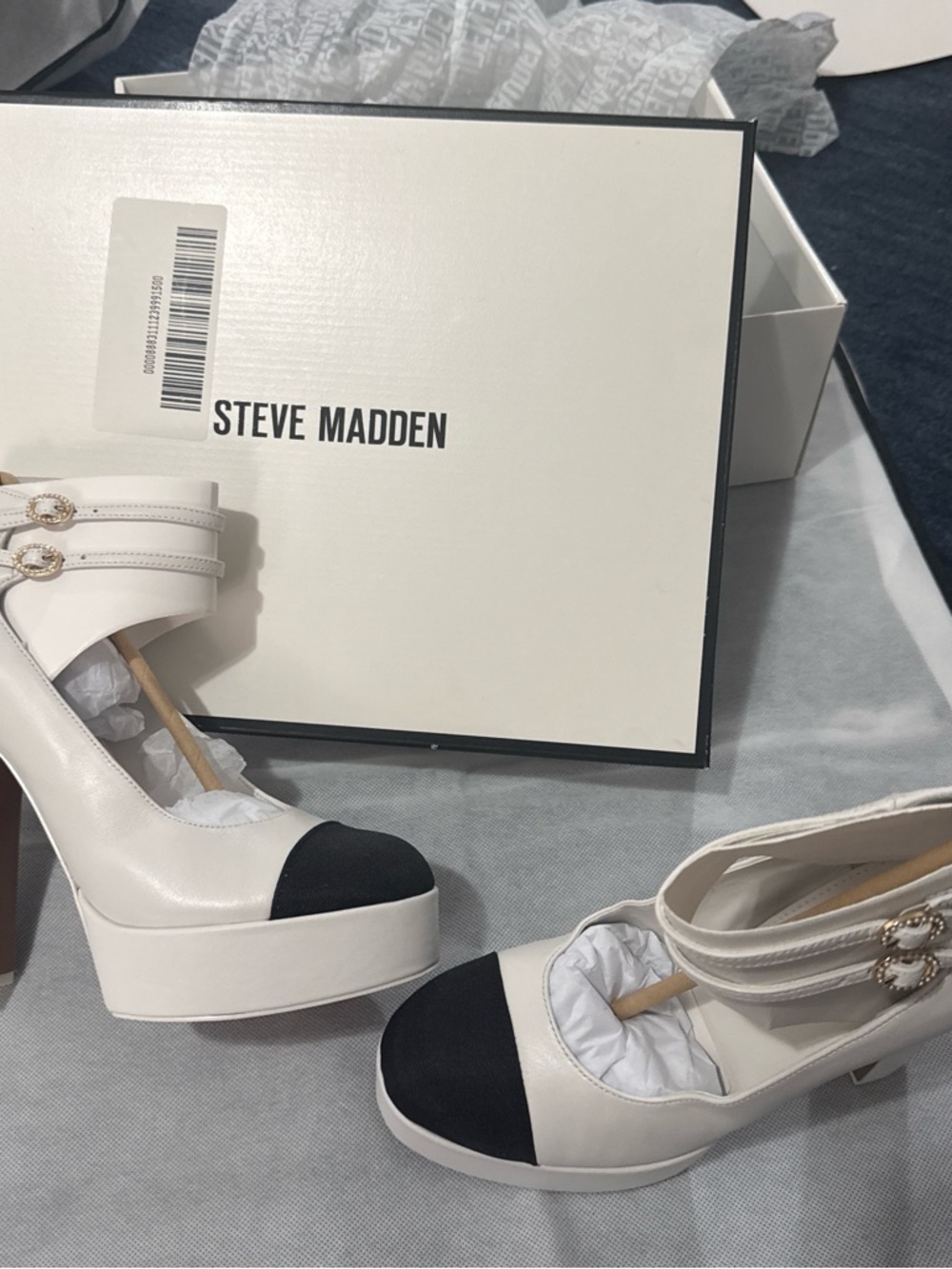 Steve Madden White Platform Pumps with Black Toe Caps